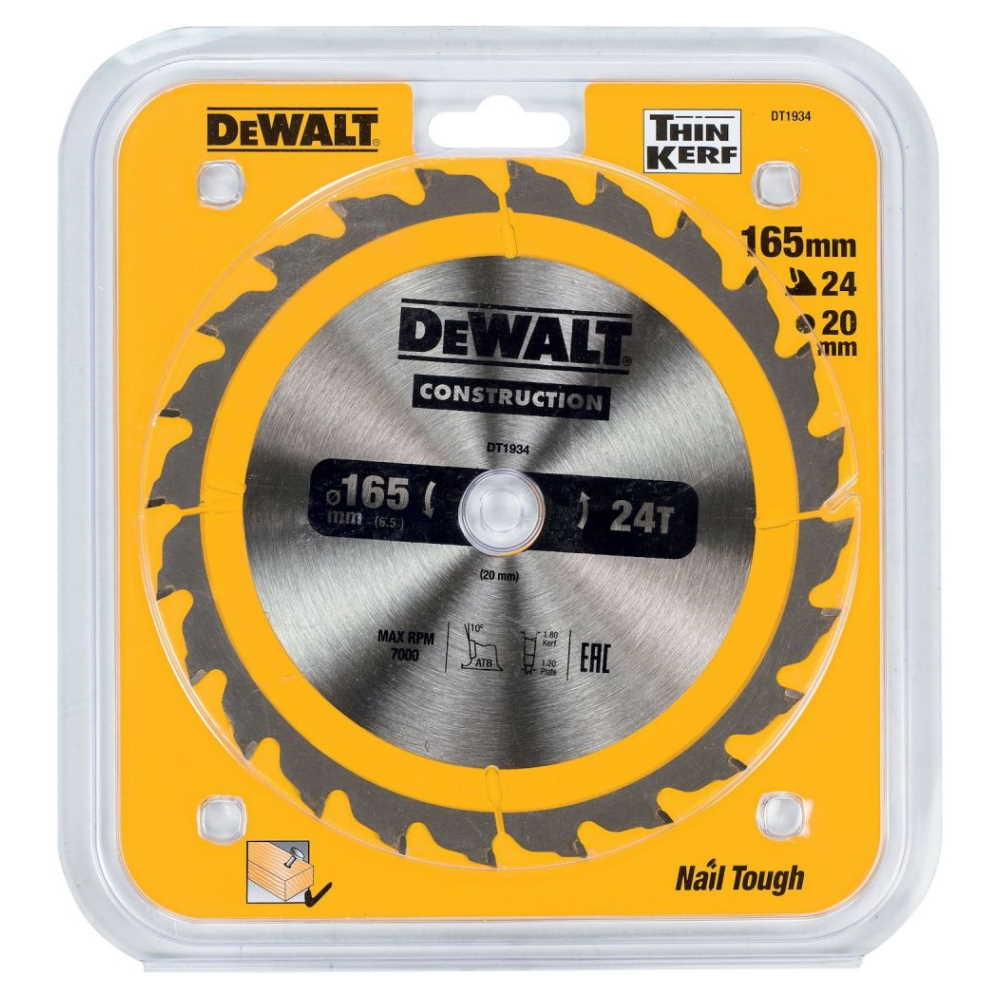 Диск пильный DeWalt твердосплавный 165х20 мм, 24 зубьев констракшн/CONSTRUCTION DT1934