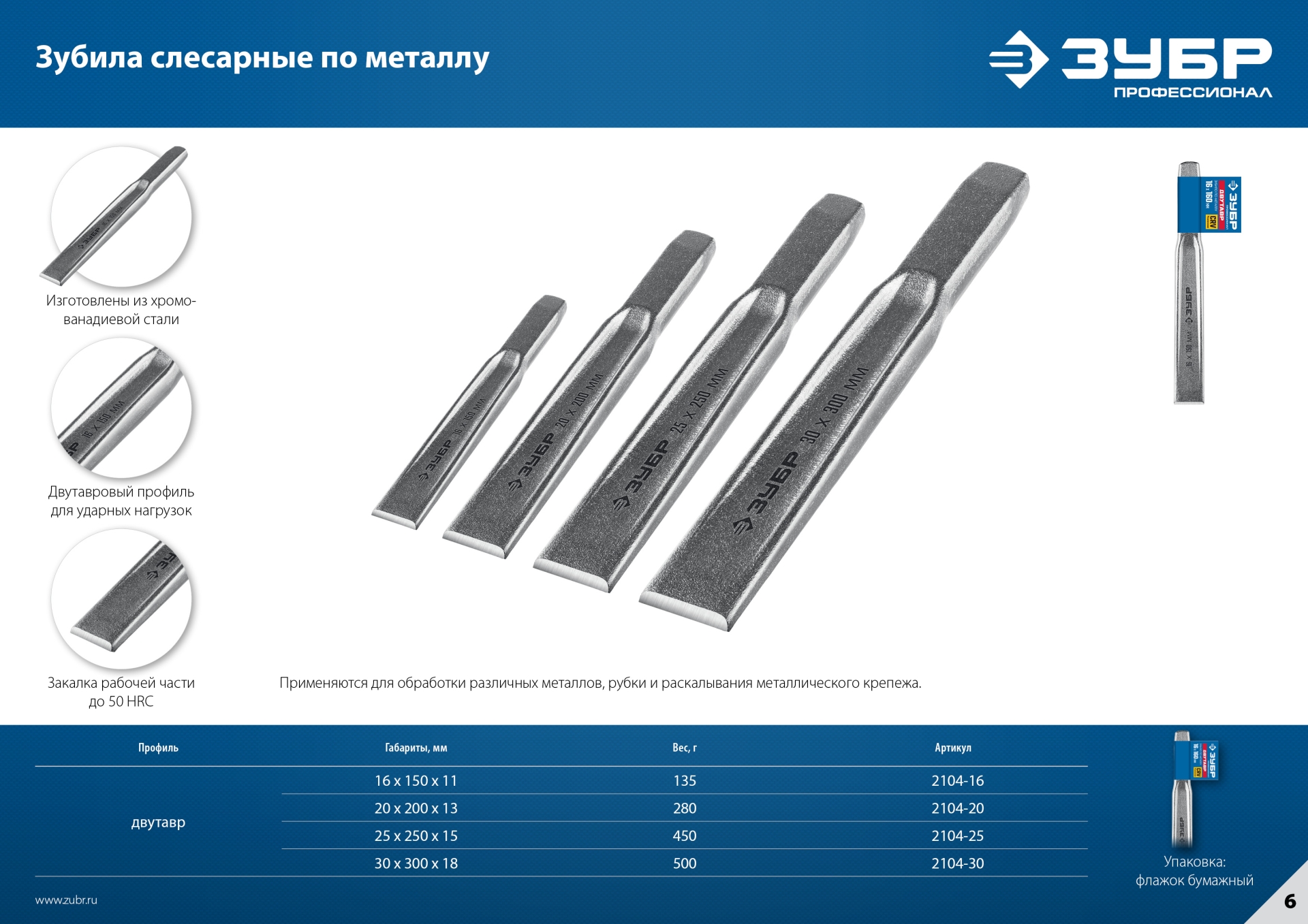 ЗУБР Двутавр, 30 х 300 мм, усиленное двутавровое слесарное зубило по металлу, Профессионал (2104-30)