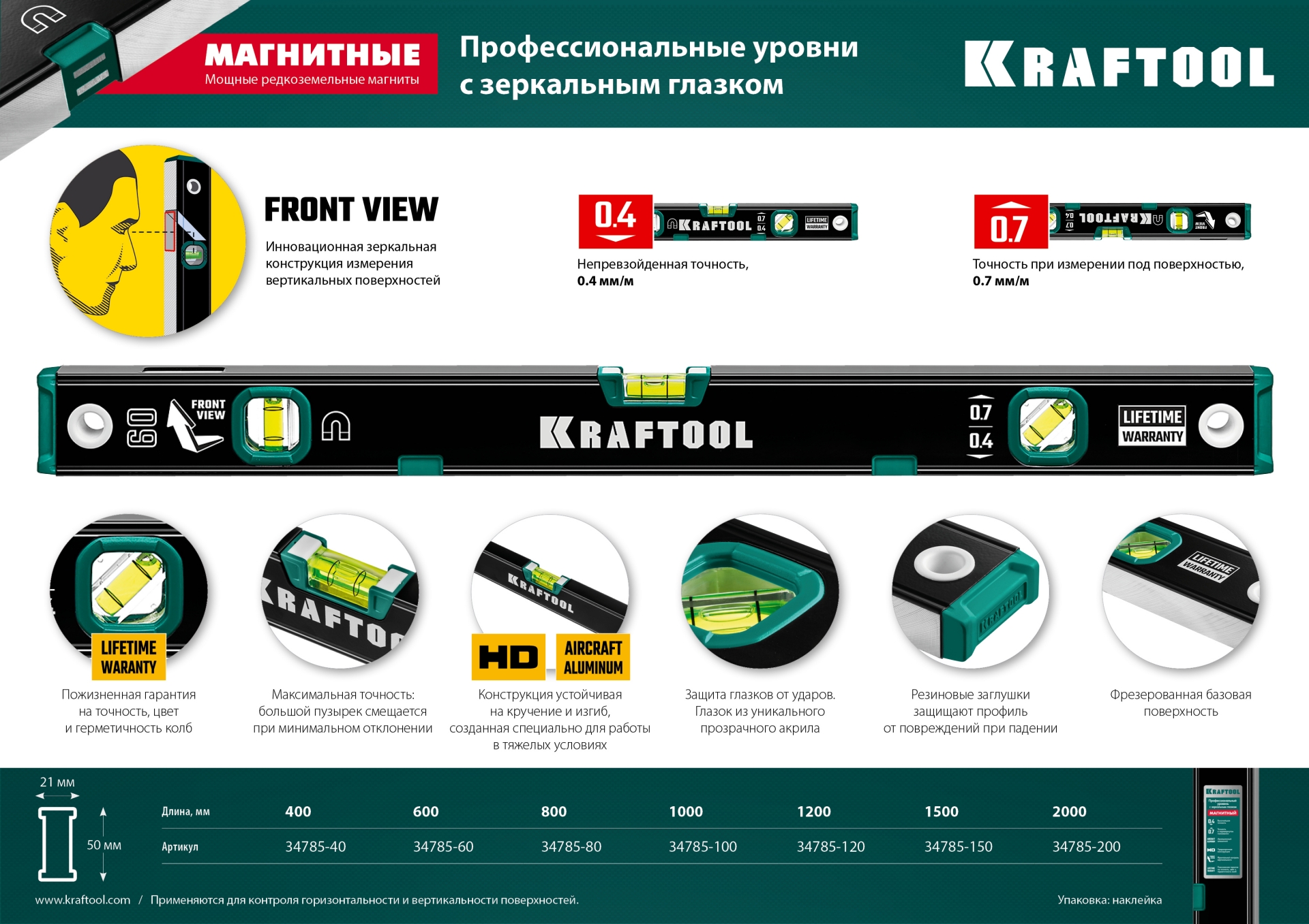 KRAFTOOL 800 мм, усиленный профиль, с зеркальным глазком, магнитный уровень (34785-80)