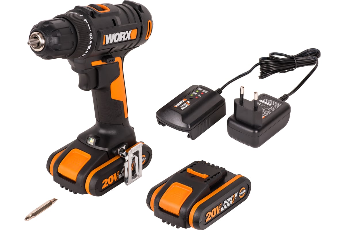 Дрель-шуруповерт аккумуляторная WORX WX100.2, 20В, 2Ач х2, ЗУ 0,4А, сумка