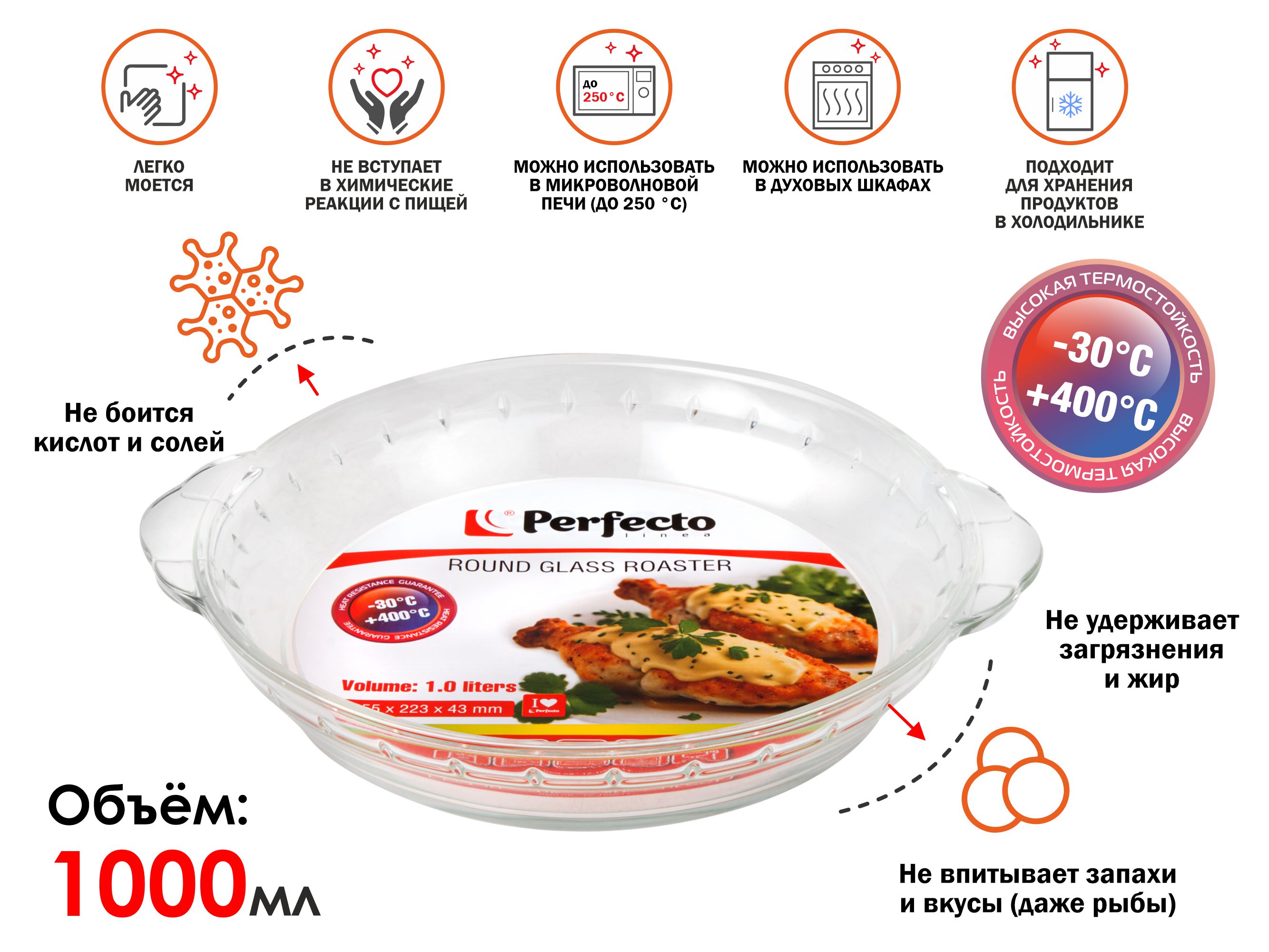 Форма из жаропрочного стекла, 1.0 л, круглая, 255х223х43 мм, PERFECTO LINEA