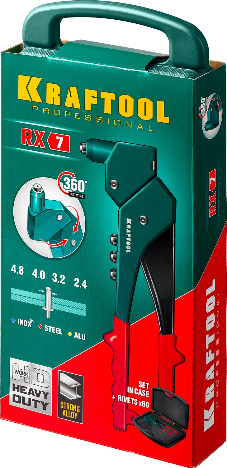 KRAFTOOL RX-7, 360°, 2.4 - 4.8 мм, 280 мм, литой поворотный заклепочник в кейсе (31176-H6)