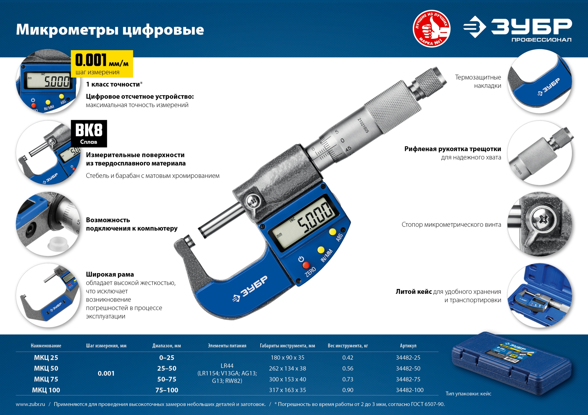 ЗУБР МКЦ 50, 25 - 50 мм, гладкий цифровой микрометр (34482-50)