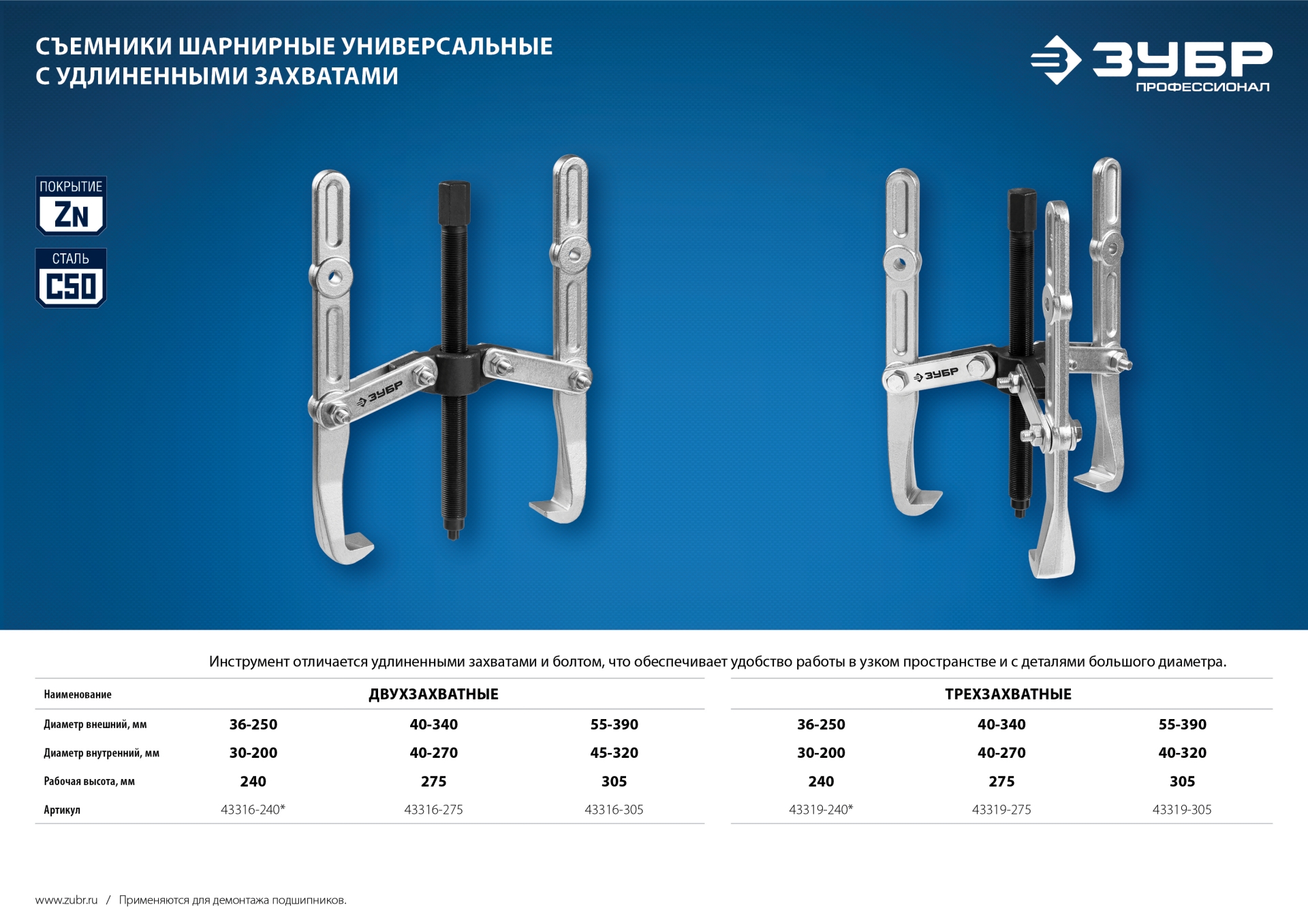 ЗУБР внешний d 36 - 250 мм, внутренний d 30 - 200 мм, шарнирный трехзахватный съемник с удлиненными захватами, Профессионал (43319-240)