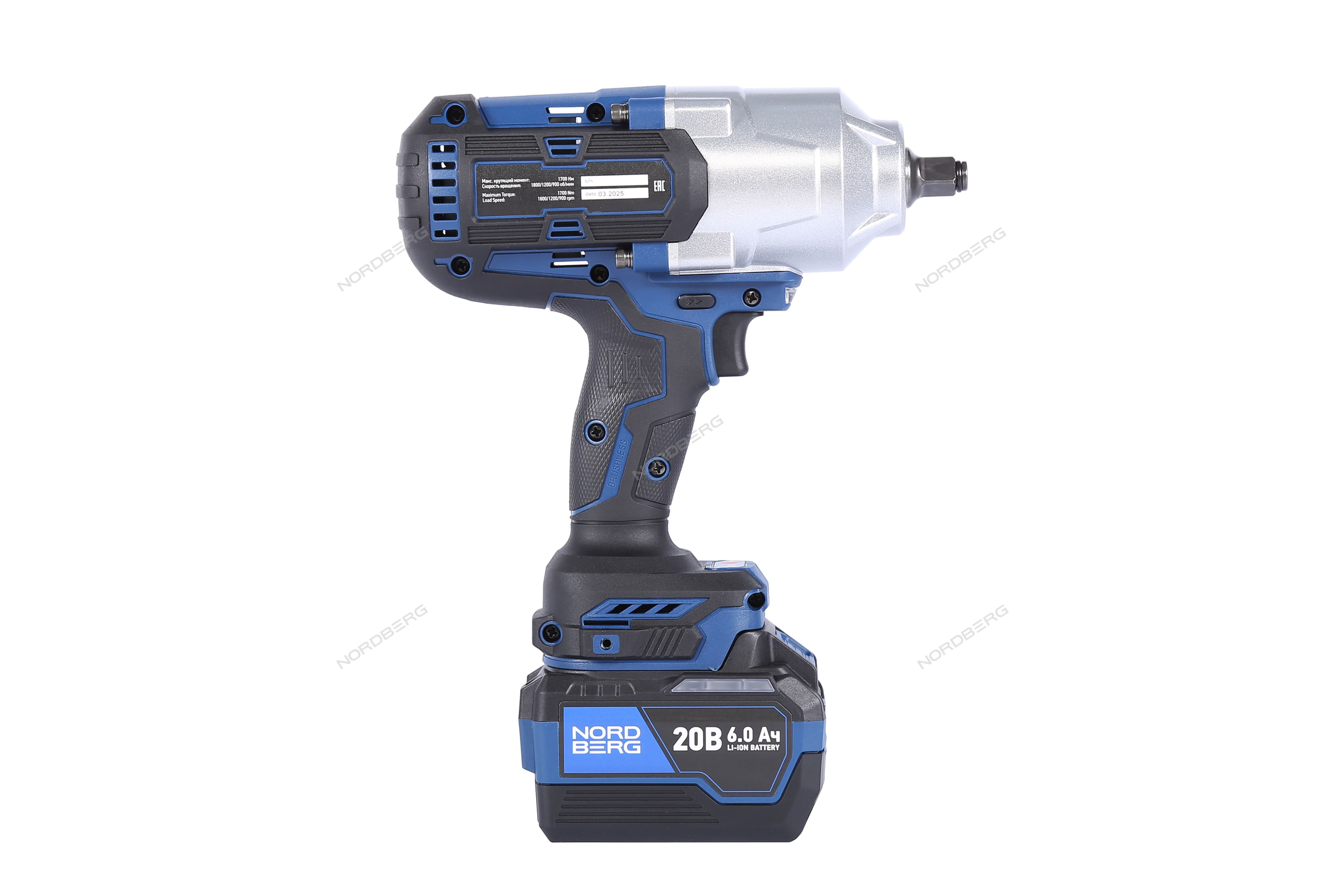 Гайковерт аккумуляторный, 1/2", 20 В, 1700 Нм, 2 аккумулятора 6 A и зарядное устройство, в кейсе NORDBERG NE812K