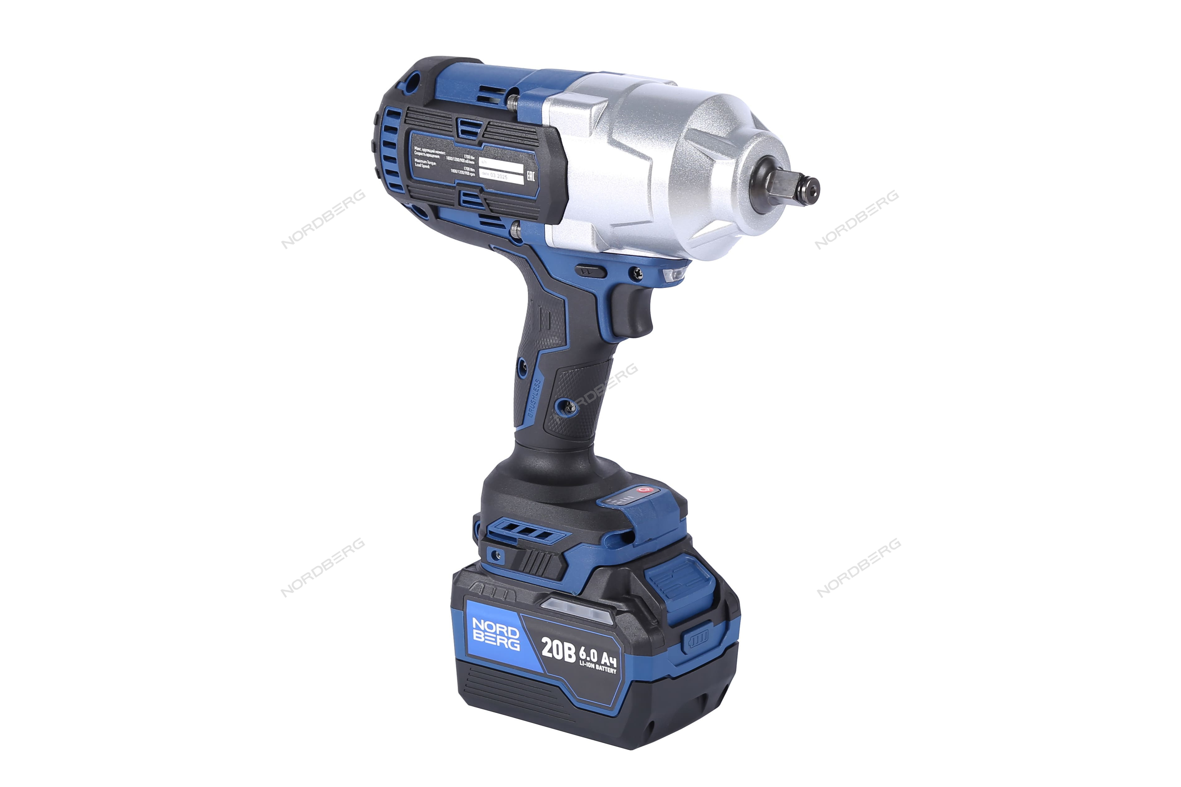 Гайковерт аккумуляторный, 1/2", 20 В, 1700 Нм, 2 аккумулятора 6 A и зарядное устройство, в кейсе NORDBERG NE812K