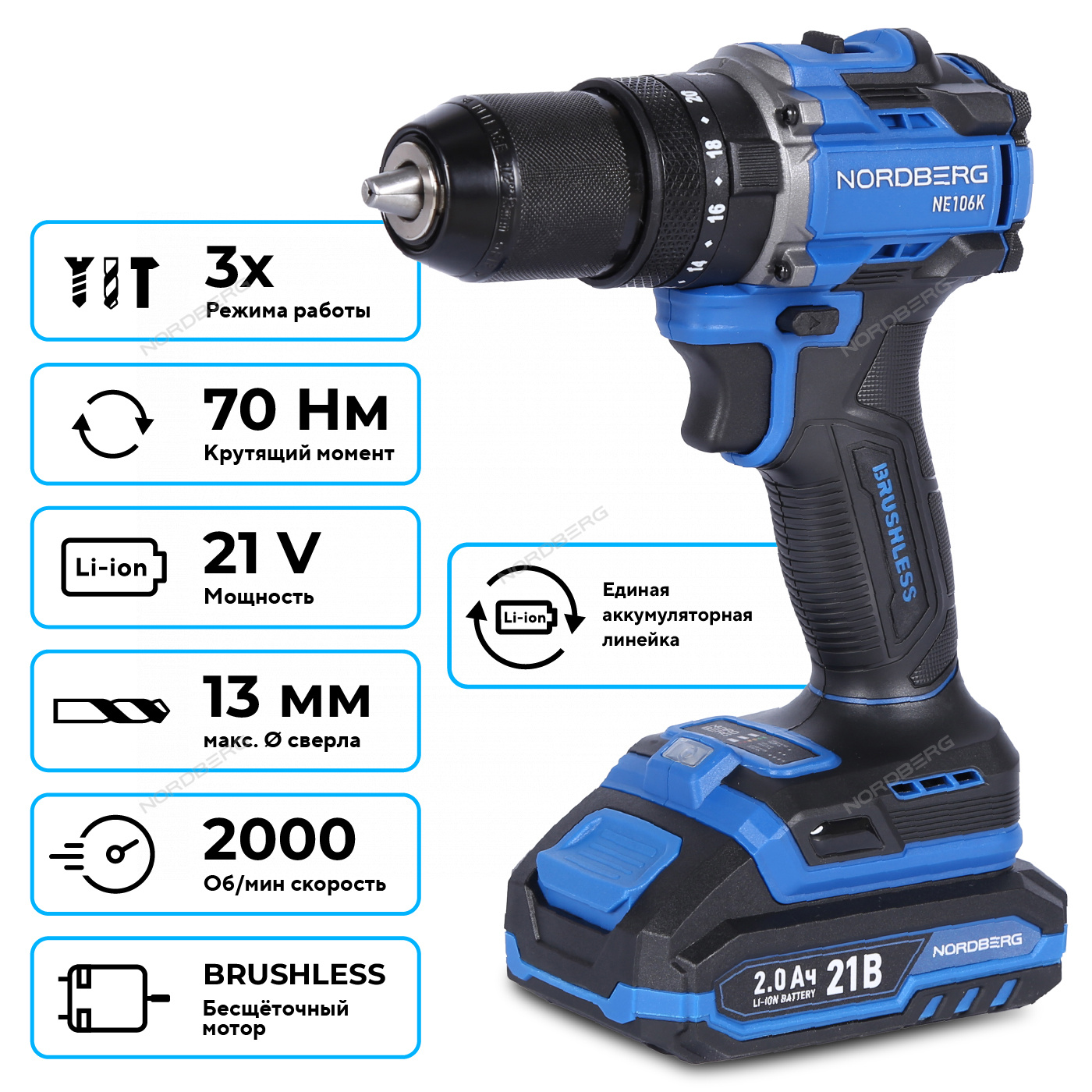 Шуруповерт аккумуляторный макс.диам. сверла 13 мм, 21 В, 70 Нм с 2 аккумуляторами и зарядным уст-вом NORDBERG NE106K