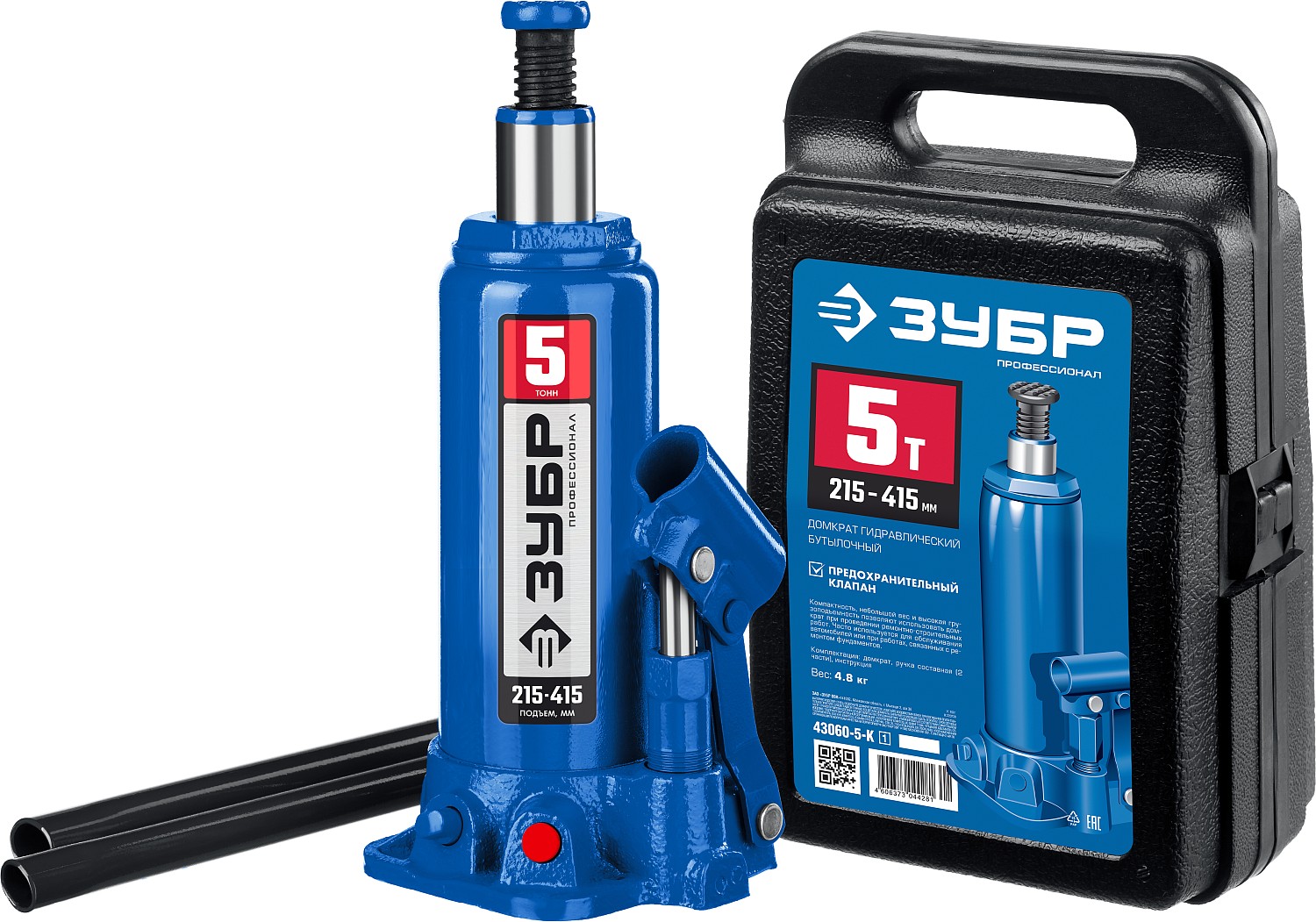 Домкрат ЗУБР 5 т, 216 - 413 мм, бутылочный гидравлический в кейсе